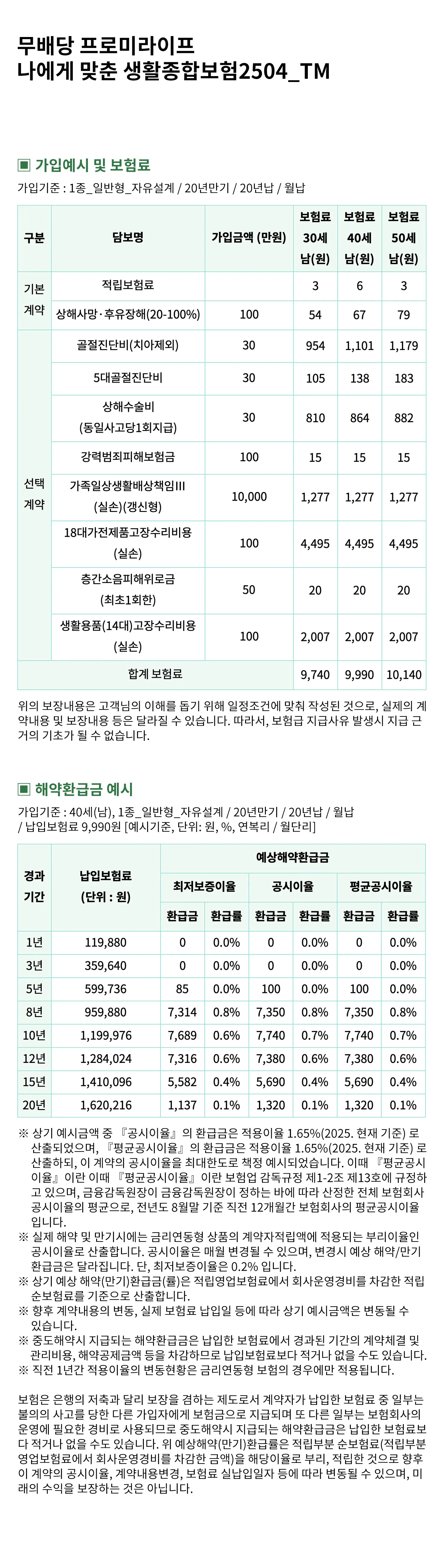 생활종합보험 가입예시(남성)