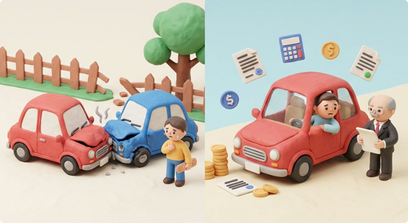 자동차 사고 장면과 보험 상담 및 보장 비용 안내를 보여주는 일러스트