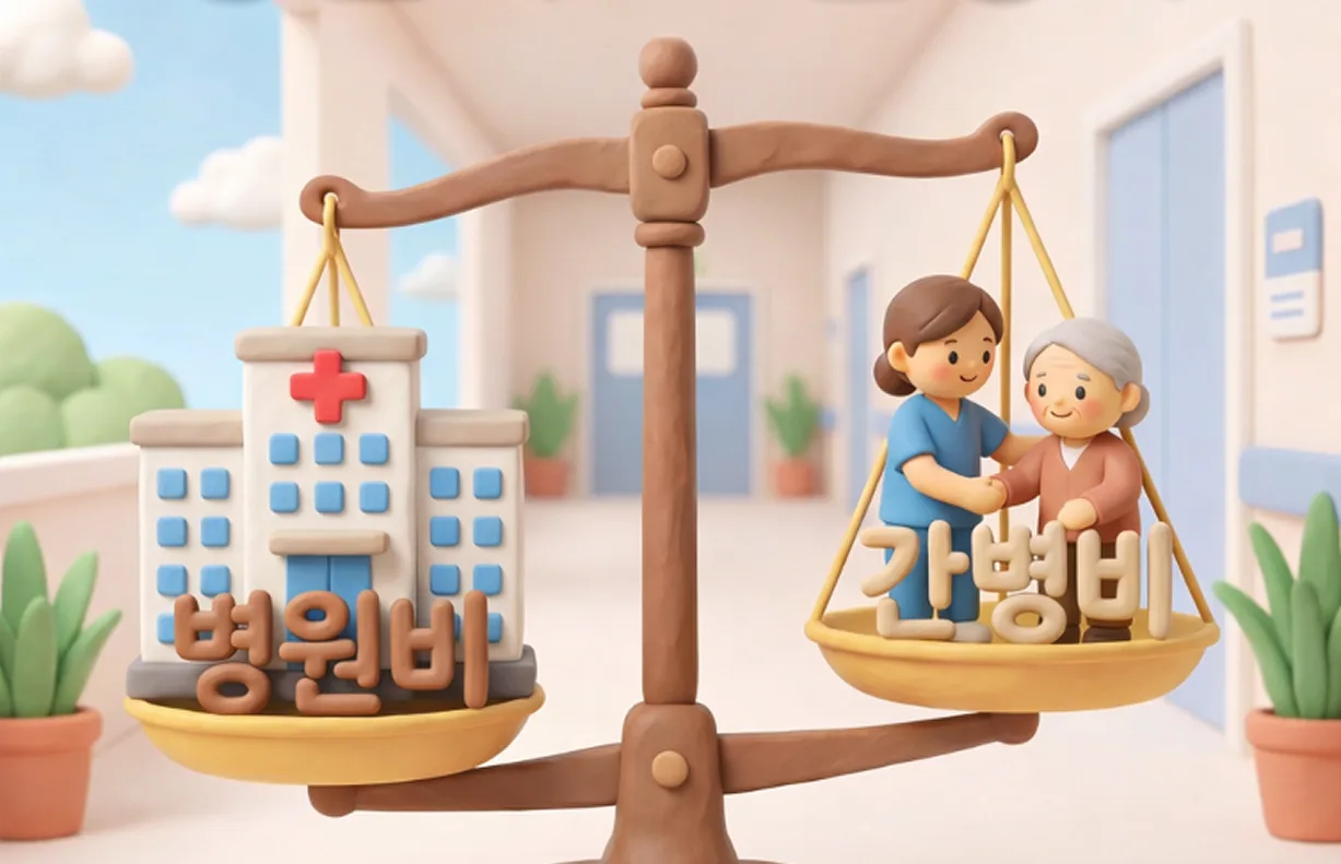 병원비와 간병비를 저울로 비교해 간병비 부담이 큼을 보여주는 이미지