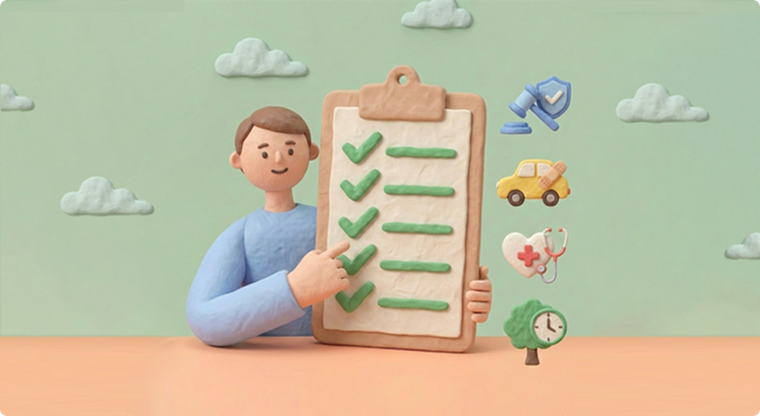 보험 보장내용과 혜택을 체크리스트로 확인하는 상황을 표현한 이미지